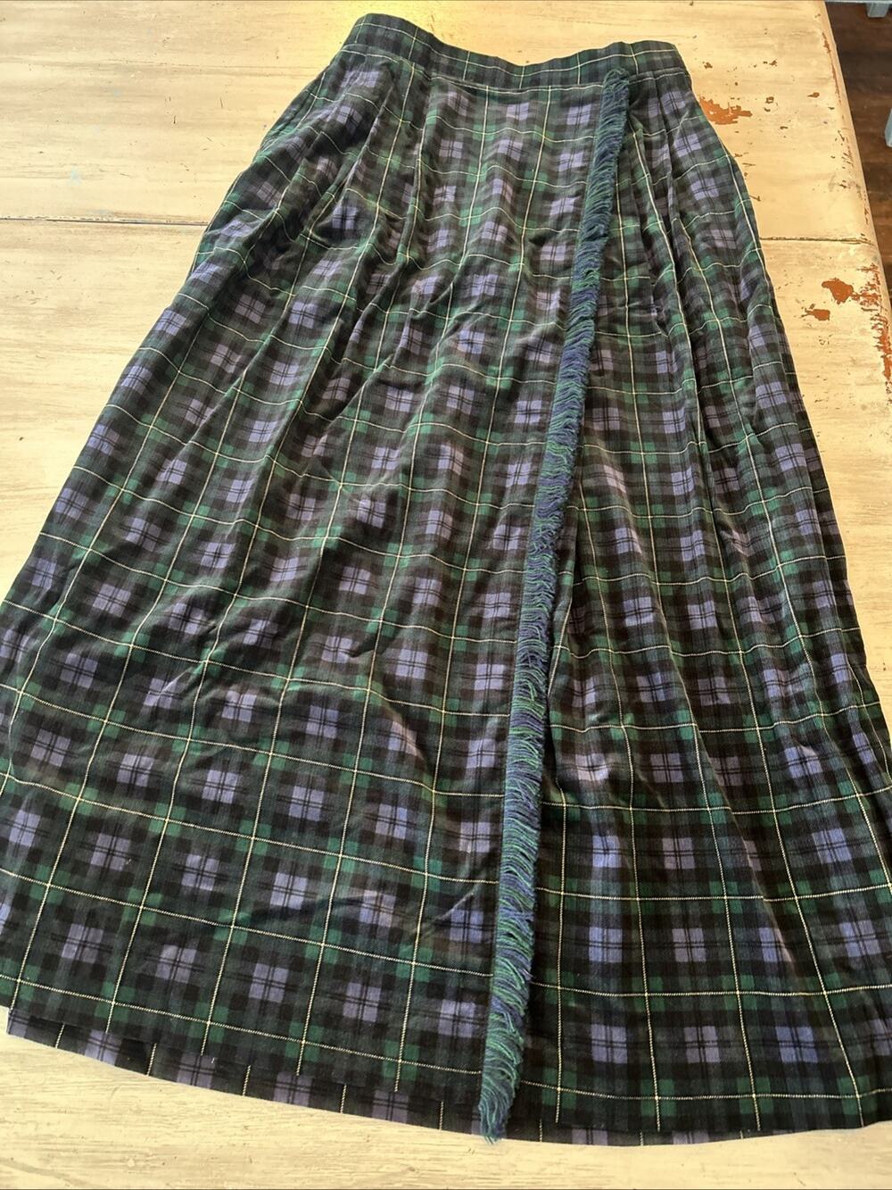 VTG Susan Bristol Corduroy Green Blue Tartan Plaid Maxi Skirt Academia Sz 10